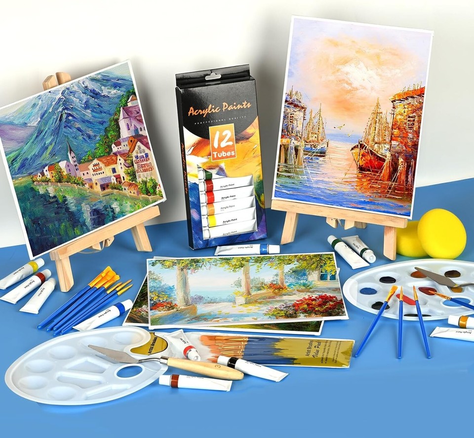 Painting Kits for Adults, Acrylic Water Paints Canvas Easel Set, 56 Pcs