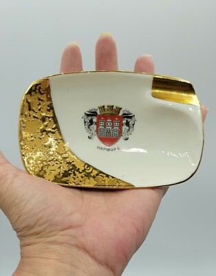 Vintage Ashtray Hamburg Bavaria Germany Gold Gilt Crest Shield