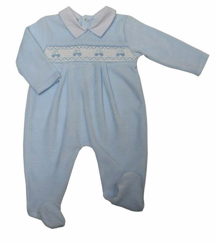 BOYS BLUE VELOUR SLEEPSUIT SMOCKED COTTON ROMPERS CARS DESIGN BABY BOY 0-9  MON