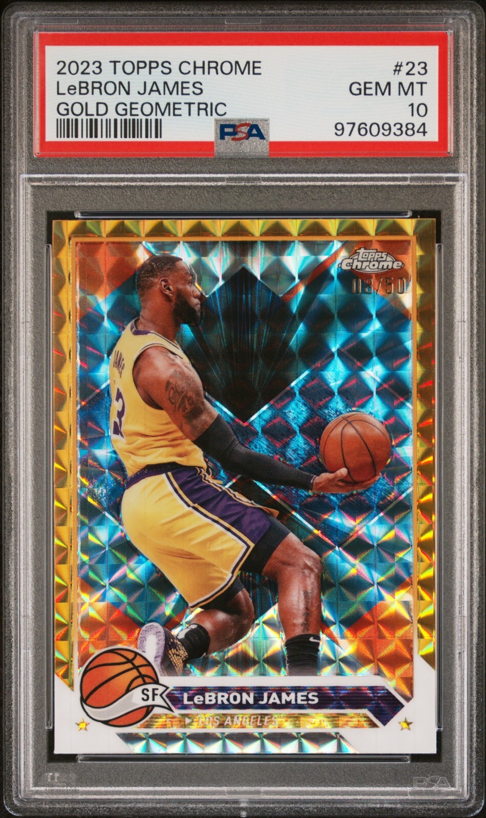 PSA 10 LeBRON JAMES /50 TOPPS CHROME 23 GOLD GEOMETRIC 2023 NBA SERIAL NUMBERED view 1