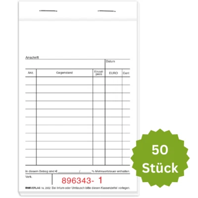 RNK VERLAG 50 x RNK Kassenzettel 2 x 50 Blatt 96 x 167 mm 1-farbig mit Nummerierung 2952