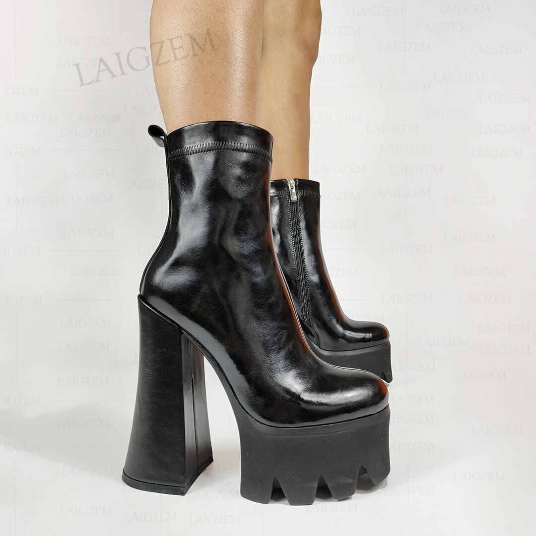 Ankle Boots Natural Leather Platform Side Zip Up Chunky Thick High