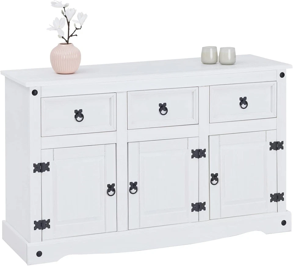 Corona Sideboard All White Country 3 Door 3 Drawer Soild Mexican Pine Wood - Image 3 of 4