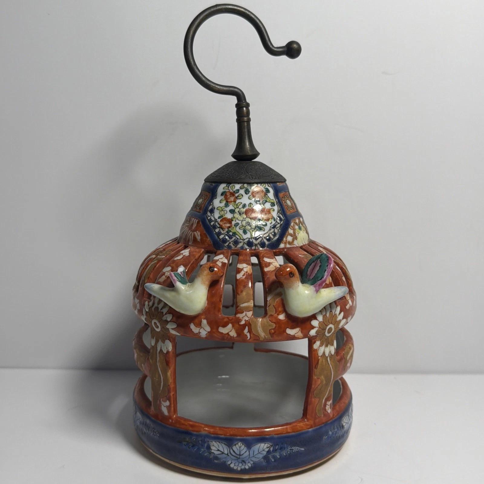 VTG Chinese Chinoiserie Porcelain Bird Feed Cage Candle Holder Lantern Hanger