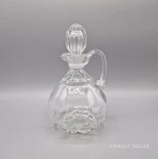 Vintage Clear Glass Cruet Bottle w/ Curved Handle & Ribbed Stopper 8"