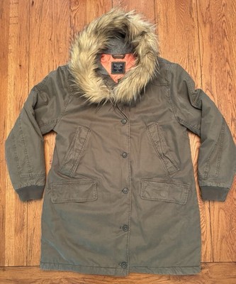 Abercrombie & Fitch Olive Green Parka Jacket with Faux-Fur Hood - Size XL.