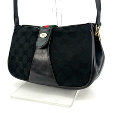 Vintage GUCCI Sherry Line GG Pattern Shoulder Bag Leather Canvas Black Authentic