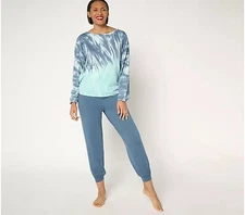 AnyBody Cozy Knit Tie-Dye Top and Jogger Set-Med Indigo-Large A675365 NEW