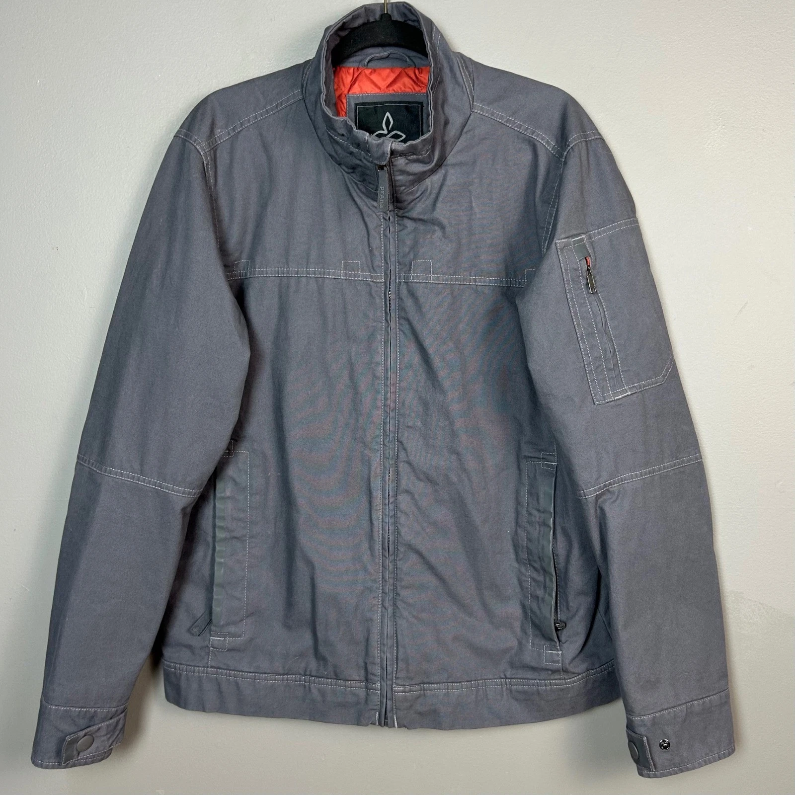 Prana Canvas Jacket Mens Medium Gray Organic Cotton Quilted Lined Bomber Rugged