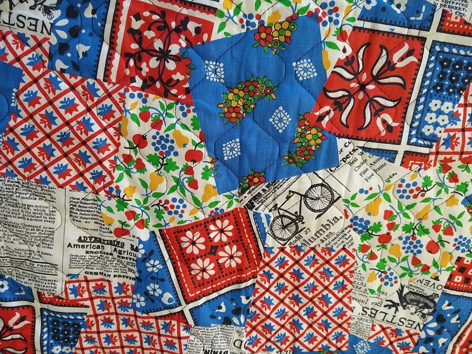 Vintage Floral Patchwork Pre-Quilted fabric Red White Blue Advertising 12" x 42" - Image 4 of 4