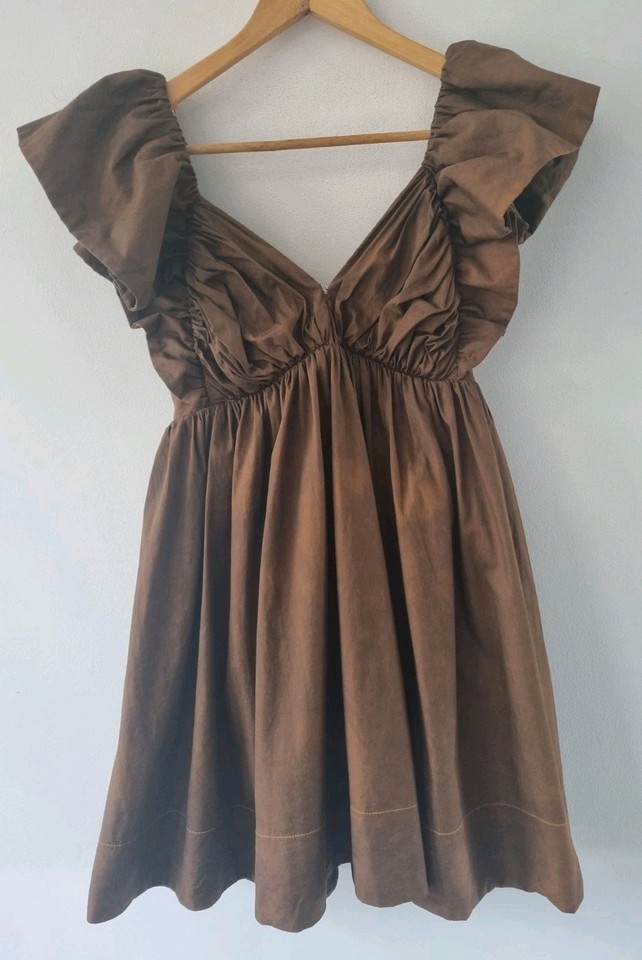 SHEIKE Brown Flutter Sleeve Mini Babydoll Dress Lined Cotton Pockets Sz 8 EUC