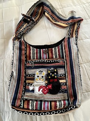 VTG Colorful Cat Boho Hippie Shoulder Crossbody Bag 100% Cotton Many Compartment
