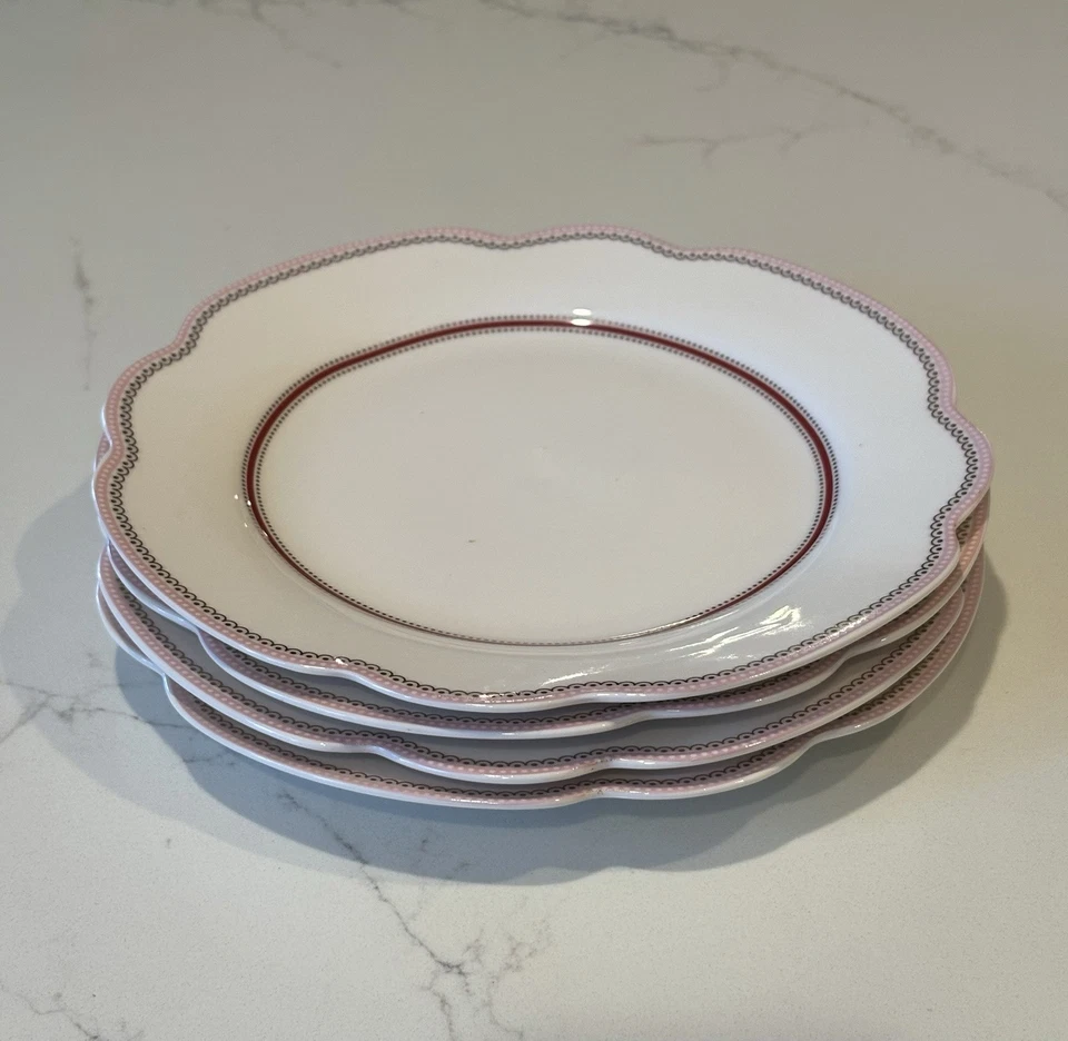 Juego de 4 platos de ensalada Grace’s Teaware 9” borde festoneado rosa blanco rojo Foto 3 de 4