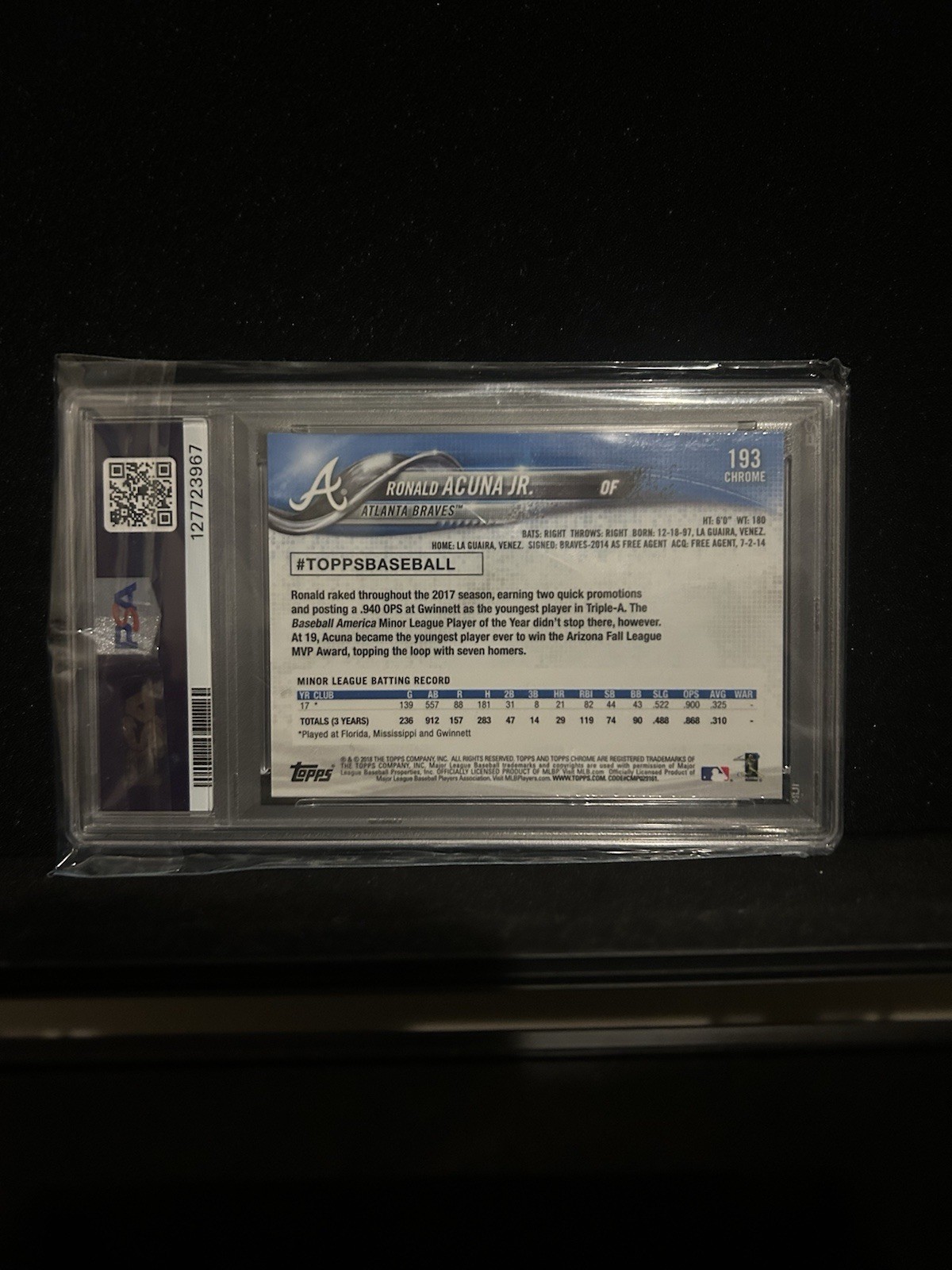 2018 Topps Chrome Ronald Acuna Jr. Rookie Card PSA 10 #193 AtlantaBraves view 2