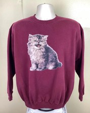 Vtg 90s Y2K Kitten Crewneck Sweatshirt Maroon M Cat Animal Burgundy