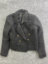 House Of Harlow 1960 Blazer Womens Large Black Tweed Double Breasted Fringe