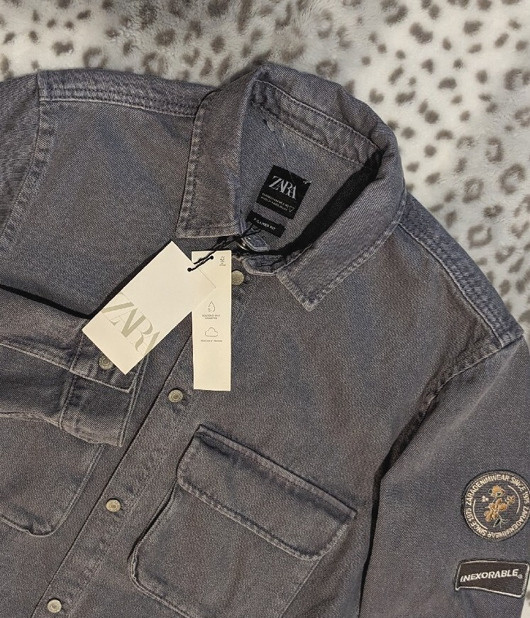 new tags ZARA PATCHES Gray Jean Denim Relax Fit Jacket Shirt