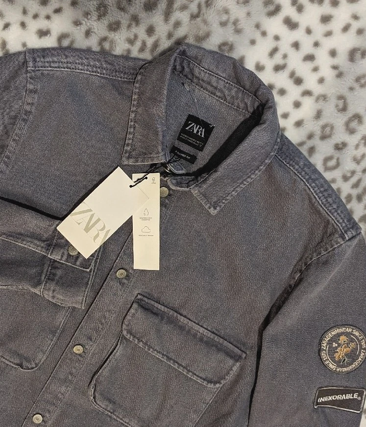 new tags ZARA PATCHES Gray Jean Denim Relax Fit Jacket Shirt Button Mens M #546