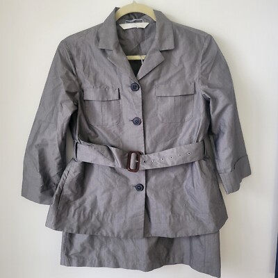 Max Mara Blazer Skirt Suit Color Gray Size 6 Utility Belted Jacket Front Pocket.