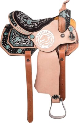 Turquois Embellished Western Horse Barrel Racing Cross Saddle With Tack set