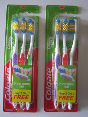 6 COLGATE CLASSIC CLEAN HEAD SOFT TOOTHBRUSHES, ASSORTED COLORS,EASY GRIP HANDLE