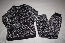 Womens 2 PC Soft Fleece Pajamas Set BLACK WHITE ANIMAL SPOT Ribbed Cuffs L 12-14
