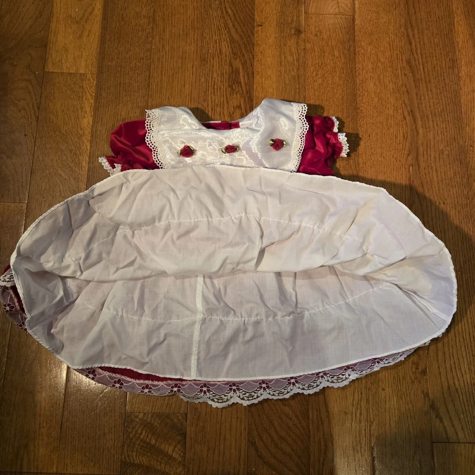 Vestido Rojo Vintage Niñas 18 Meses Vacaciones Navidad Babero Encaje Rosa Manga Larga Foto 4 de 4