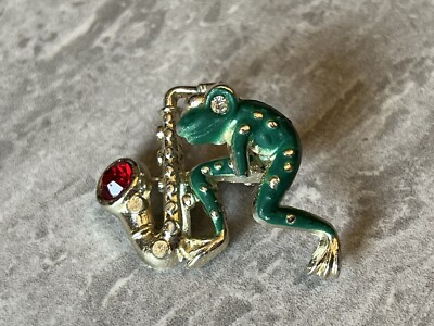 VTG Frog Brooch Saxophone Green Rhinestone Pin Spring Bounce Unique Band Blues