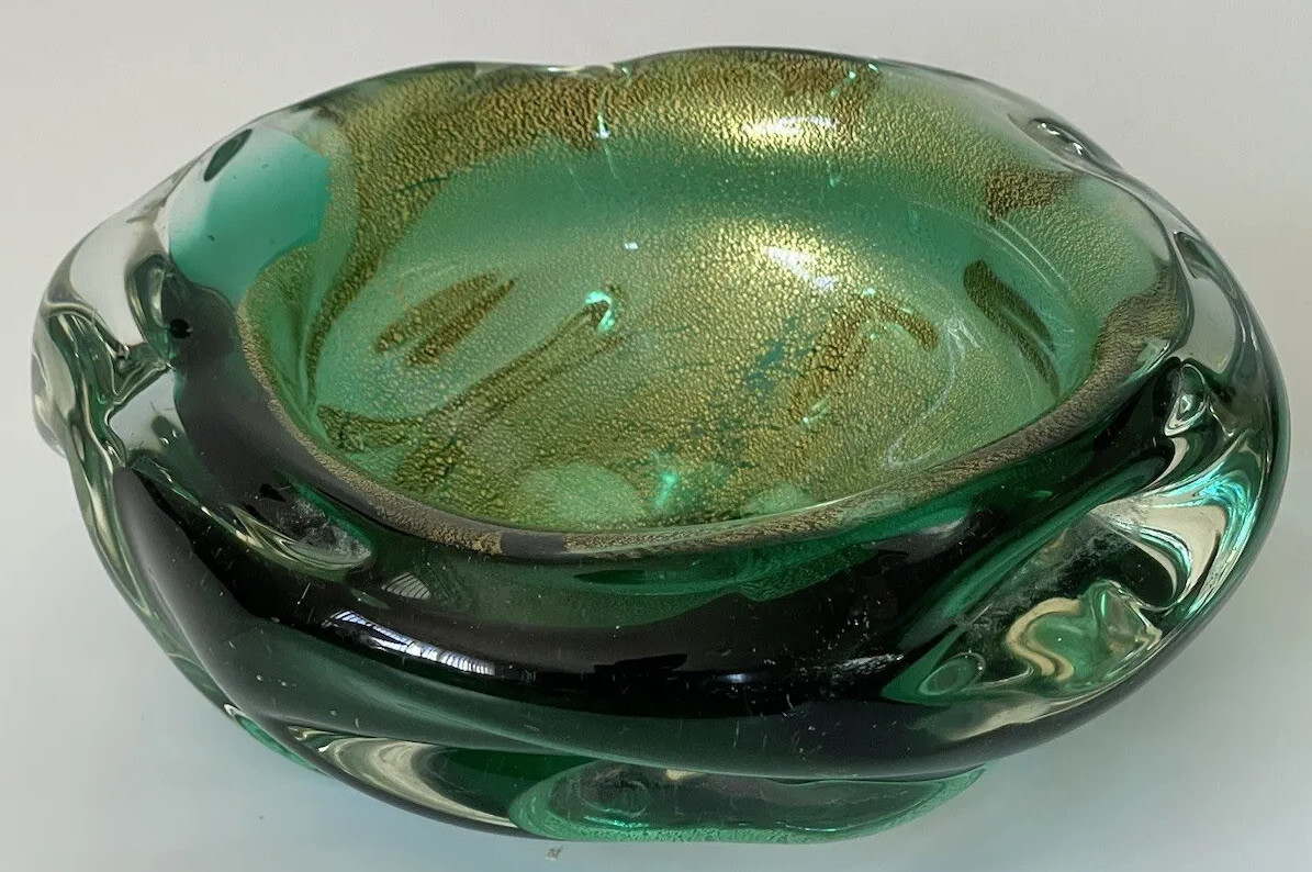 工芸品 Vetri Murano Ashtray 工芸品 Vetri Murano Ashtray Murano Green Vintage Bubble