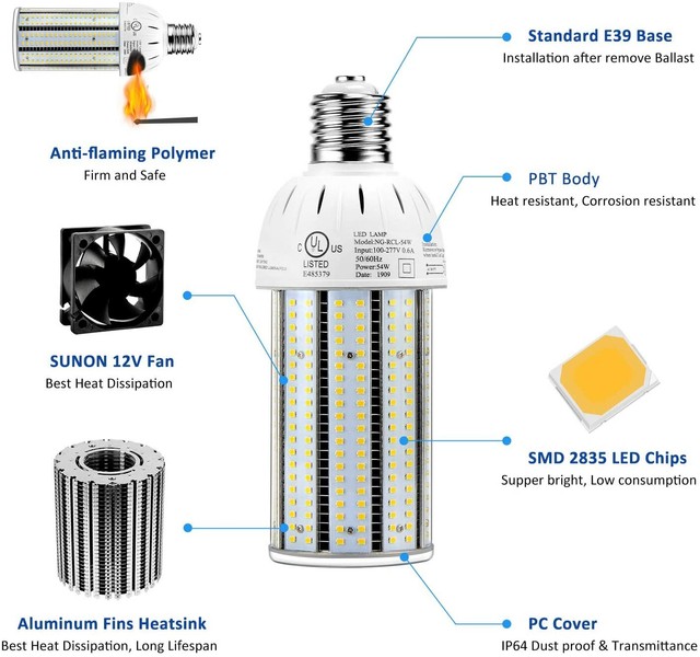 175W Mercury Vapor Wall Pack Fixture Replacement 54W LED Corn Bulb E39
