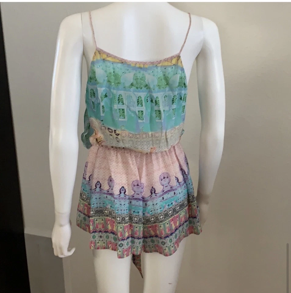 CAMILLA Seda Calzado Envoltura Mono Mameluco Faja Corbata Talla 1 S Azul Verde Rosa Foto 4 de 4