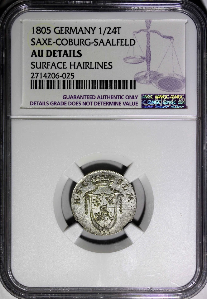 Germany SAXE-COBURG-SAALFELD Silver 1805 1/24 Thaler NGC AU DET RARE KM130 (025) - Image 2 of 4