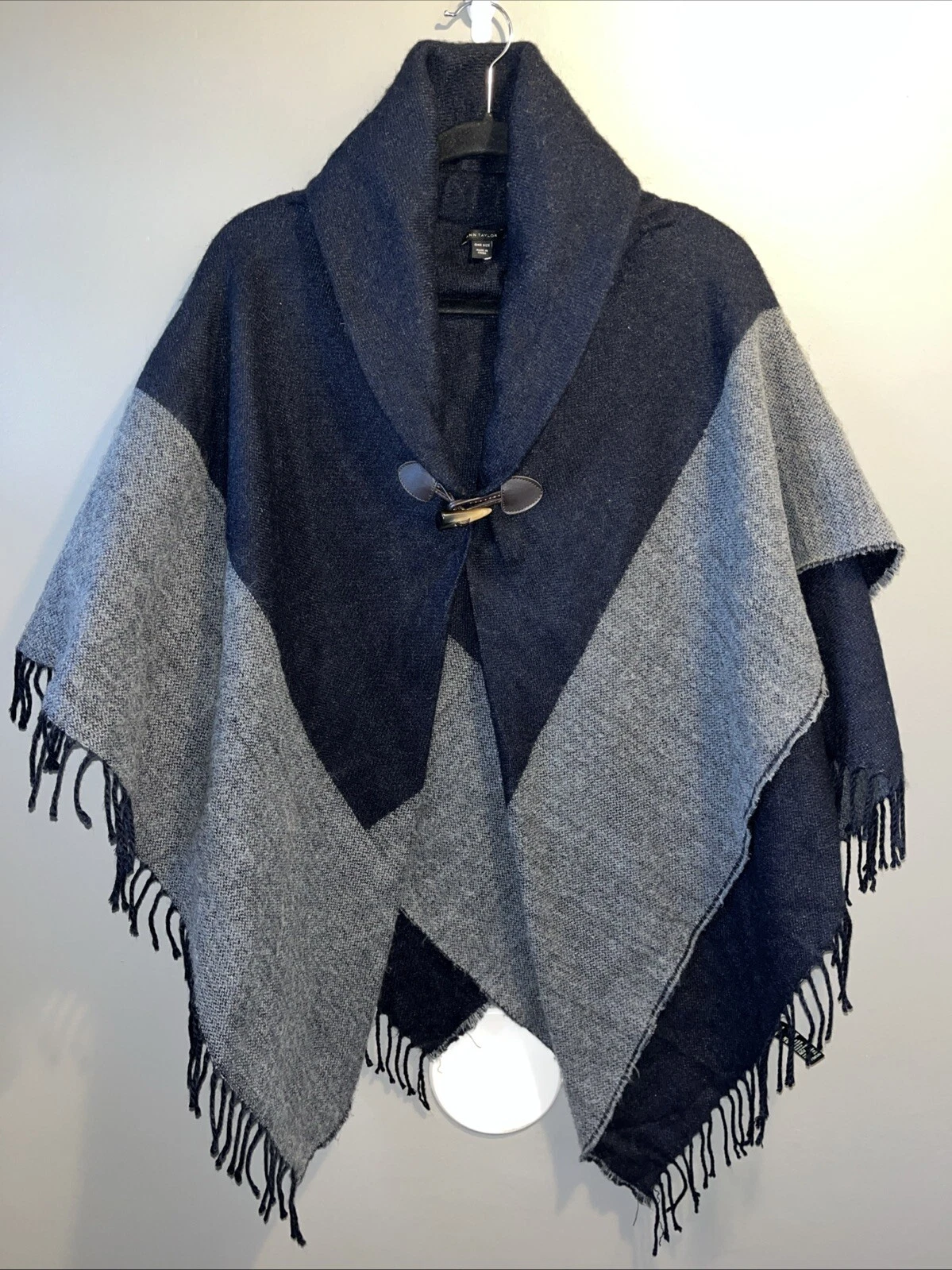 Ann Taylor Shawl Collar Cape Womens One Size Blue/Gray Fringe Poncho