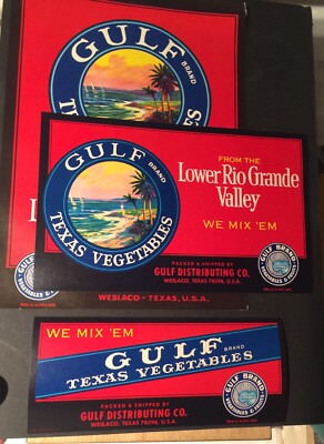GULF Texas VEGETABLE LABEL S (3) TEXAS CRATE LABELS