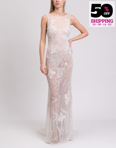 RRP€2028 THEIA Tulle Wedding Gown US12 UK16 IT48 XXL Sequins Beads See Through