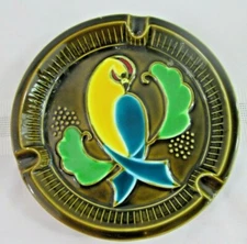 Vintage Ashtray Japan Vibrant Color Bird Avocado Green Ceramic 6.5" Round MCM