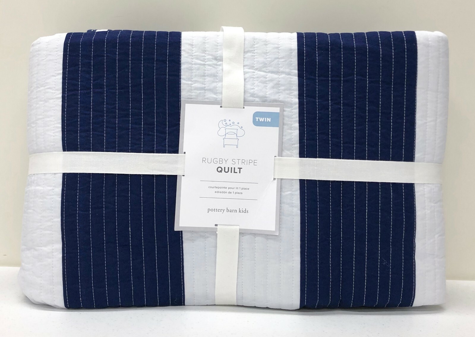 New Pottery Barn Kids Rugby Stripe Twin Quilt Navy Blue For Sale