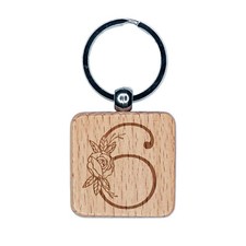 Rose Typewriter Font Number 6 Six Engraved Wood Square Keychain Tag Charm