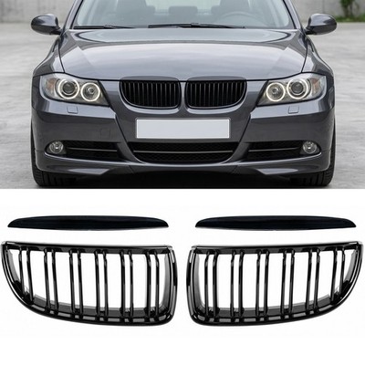 Nieren Doppelsteg Grill passend für BMW 3er E90 E91 vor LCI GLANZ Schwarz