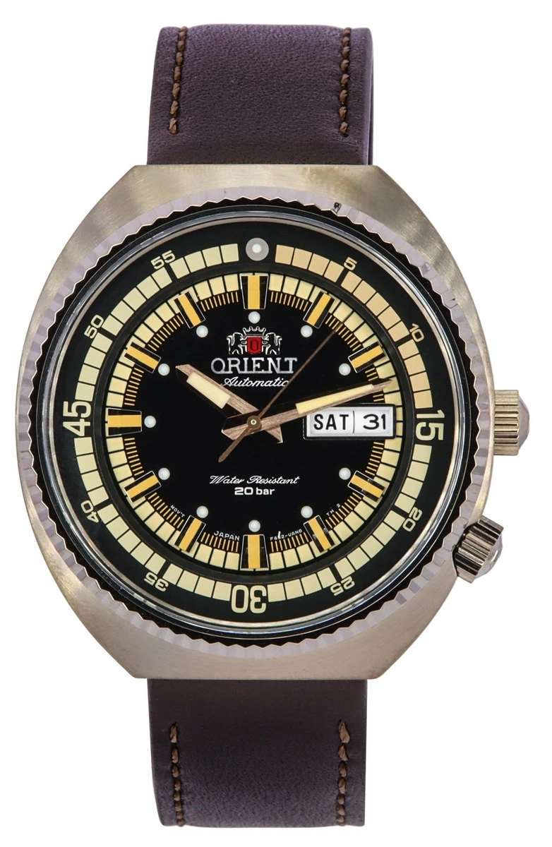 Orient Herren Armbanduhr in der Farbe Schwarz mit Armband aus Leder, Wasserdichtigkeit: 3 bar, Gehäusedurchmesser: 43 mm, FUG1R006W6