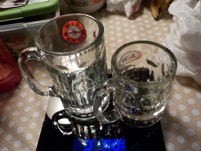 Lot of 2 Vintage A&W Root Beer Mug Large 6  & 4 1/2  Heavy Glass AW mugs