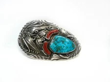 Southwestern Inspired Handcrafted Turquoise & Coral Sterling Silver Belt Buckle