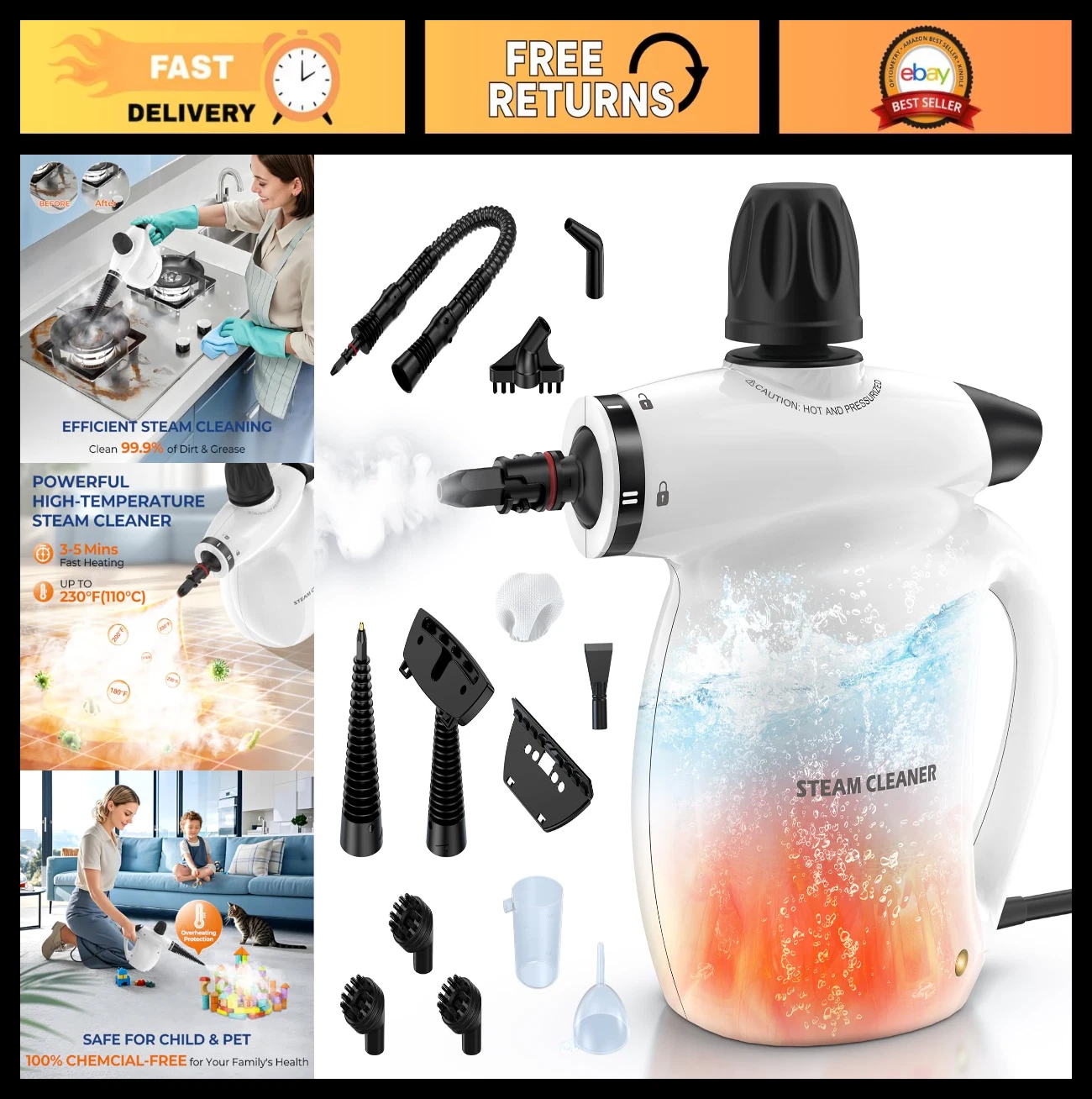 Portable Pressurized Steam Cleaner - 13pcs Multi-Purpose Deep Cleaning Tool for
