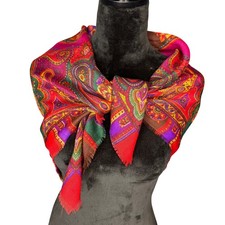 Vintage Paisley Floral Scarf 36x36 Boho Jewel Tone Wrap Shawl Small Flaws