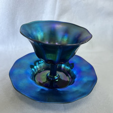 Steuben Carder Blue Aurene #2680 Sherbet Cup and Underplate Gorgeous Signed MINT