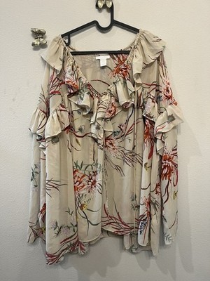 H&M Women's 2XL Floral Flowy Long Sleeve Blouse V Neck