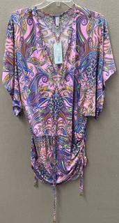 Luli Fama Groovy Cabana V Neck Dress Paisley Swim Cover Up Ruched Pink Sz XS