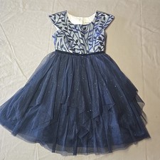 Jona Michelle Girls Size 10 Navy Blue Tulle Party Dress Silver Leaf Bodice