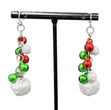Christmas Pierced Earrings Green Red Silver Glitter Bells Dangle 2"