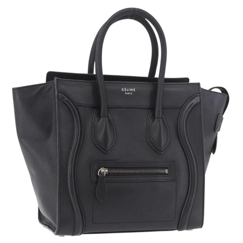 CELINE Luggage Micro Shopper Hand Bag Leather Black Silver Auth 188371SAM